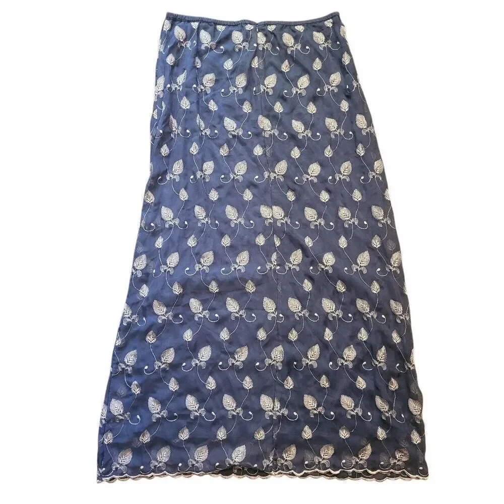 Vintage Express Skirt Women's Large Navy Blue Embroidered Leaves Fairy Witchy